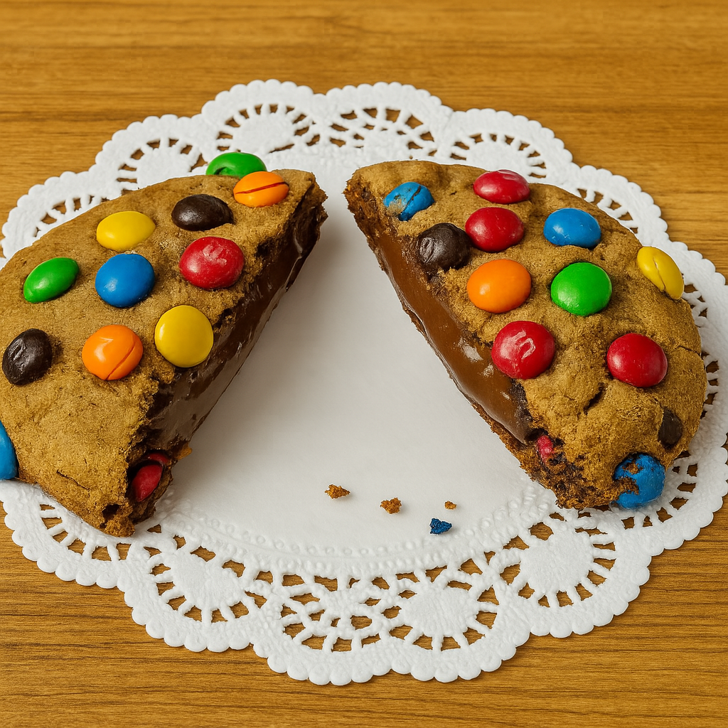 Image of a m & m cookie stuffed with nutella split in half on a doily on a table