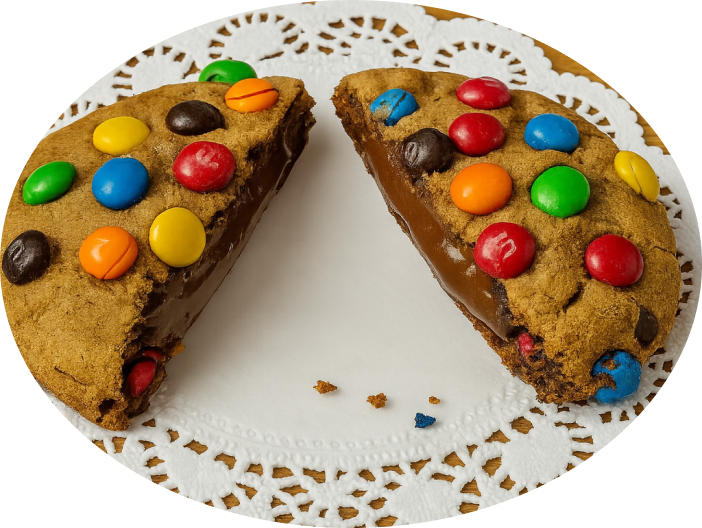 Peanut Butter Panic A decadent peanut butter cookie stuffed with Nutella and covered in Mini M&Ms